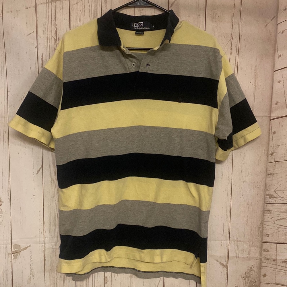 Ralph Lauren Men’s Striped Polo, Navy Blue,yellow,gray stripes,Size Large